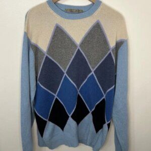 Raffi 100% Cashmere Sweater Blue Gray Cream Argyle Men's Size XL Office